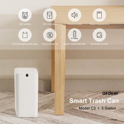 Automatic Trash Can, 3 Gallon Self Sealing and Self-Changing Smart Trash Can, Motion Sensor, Touchless Garbage Can with Lid for Kitchen Bathroom Bedroom Office, 6 Refill Rings(C3, White)